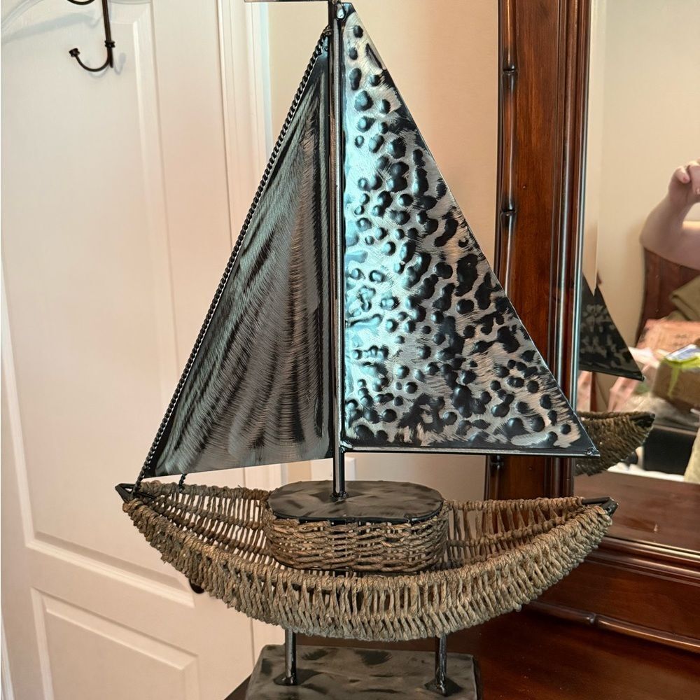 Extra large Decorative Sailboat Metal and Rattan Basket Sculpture Collectible - Picture 2 of 14